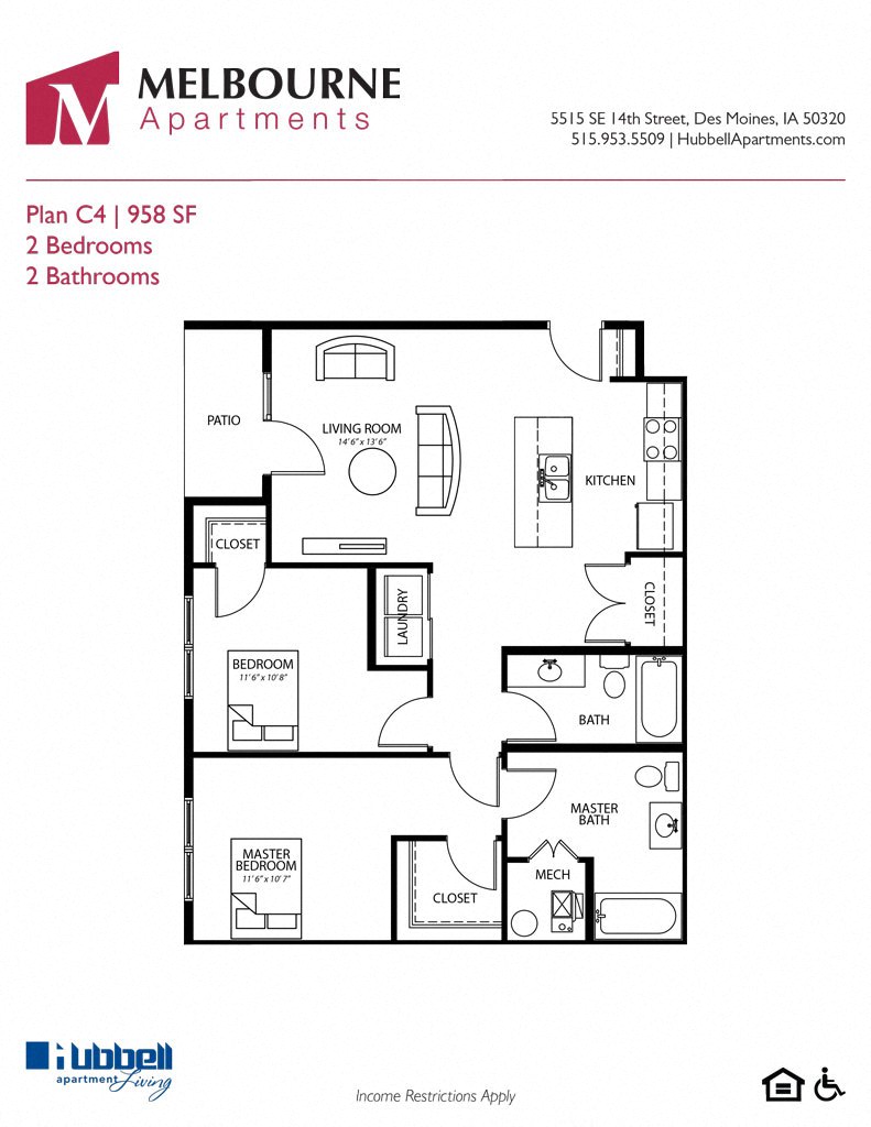 Floor plan for 2 beds, 2 baths, 958 sqft